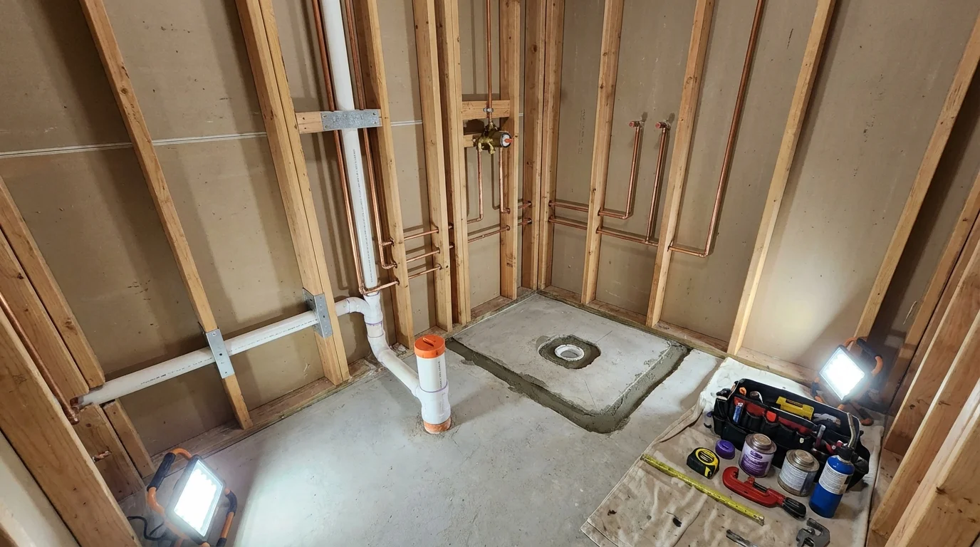 Bathroom rough-in plumbing during remodel by Johns Plumbing LLC in Troy