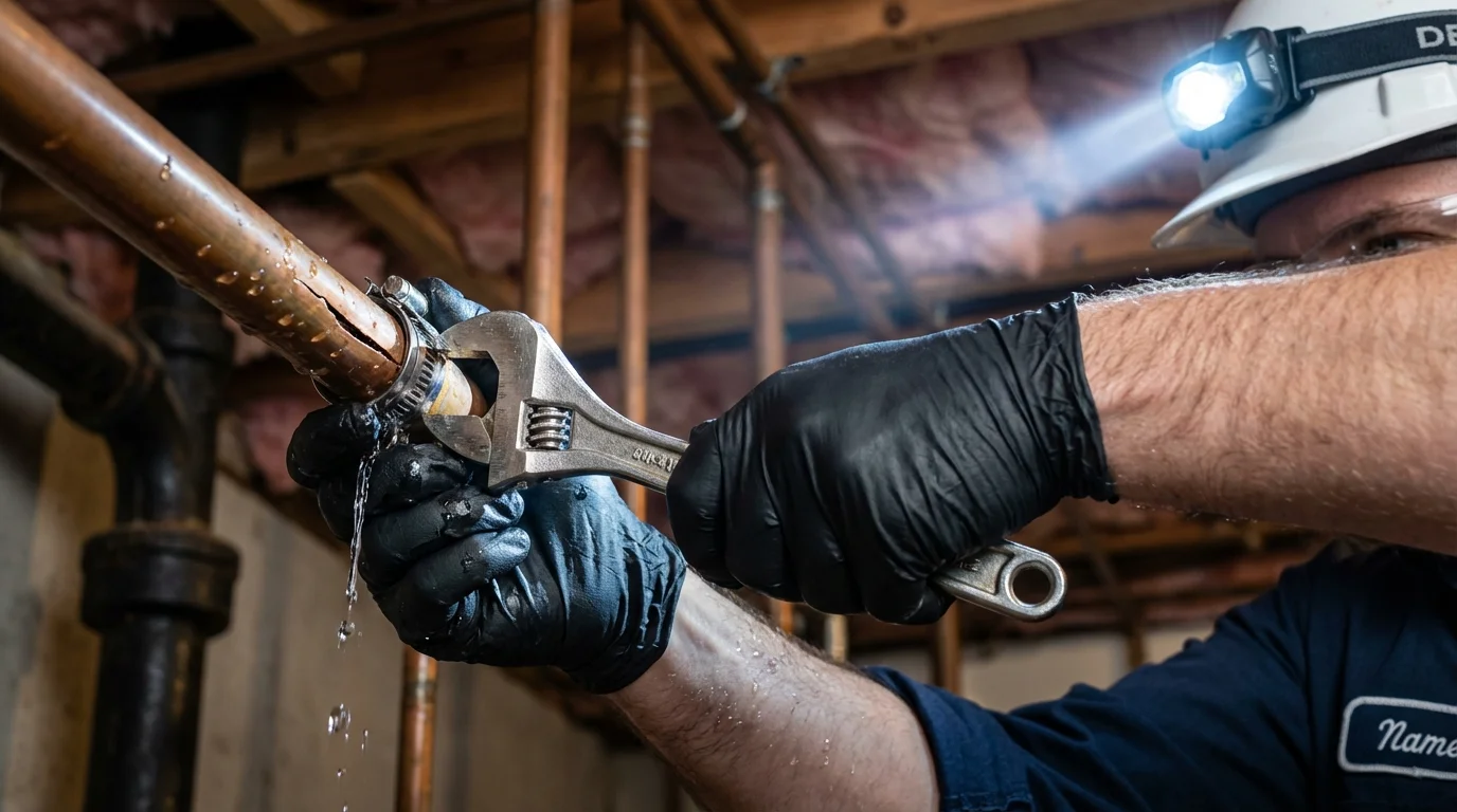 Emergency pipe clamp repair being performed by a Johns Plumbing LLC plumber in Troy