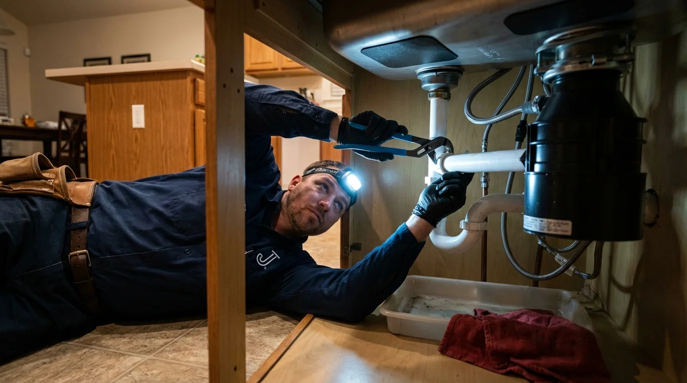 P-trap and supply line connections under a kitchen sink showing a common leak point in Troy, PA